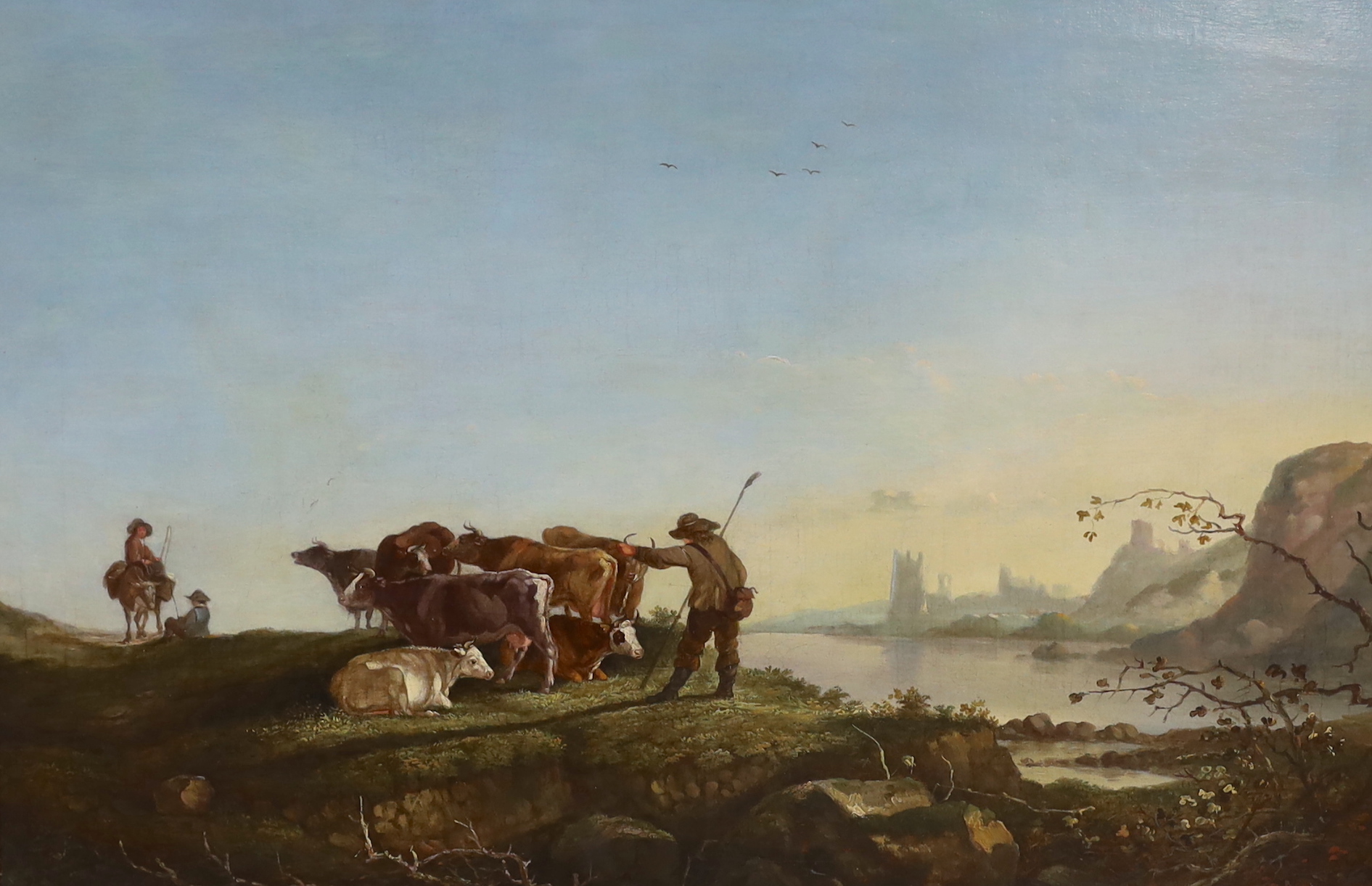 19th century French School, oil on canvas, Pastoral landscape with cattle before a river, 59 x 39cm, ornate gilt framed